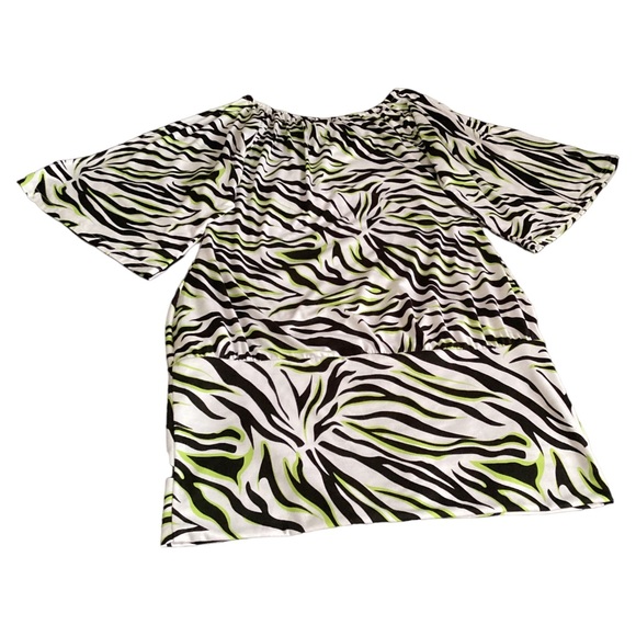 Y2K Women’s Neon White & Black Zebra Print 3/4 Slit Sleeves Off The Shoulder LG - Picture 4 of 16